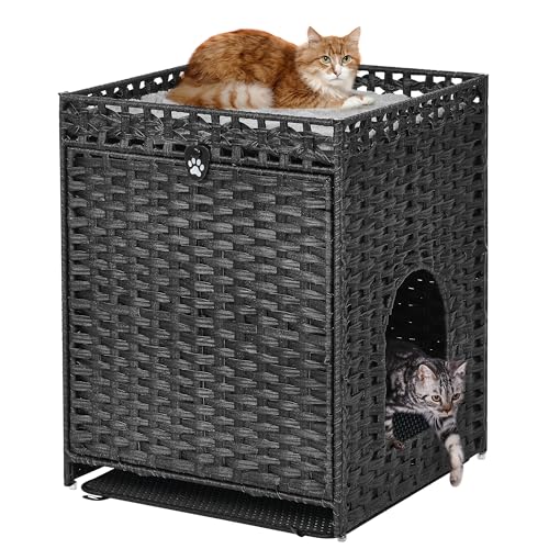 Cat Litter Box Enclosure with Soft Litter Mat; Hidden Cat Washroom Furniture with Door; Handwoven Rattan Cat House; Pet Crate for Living Room, Bedroom, Balcony (Black)