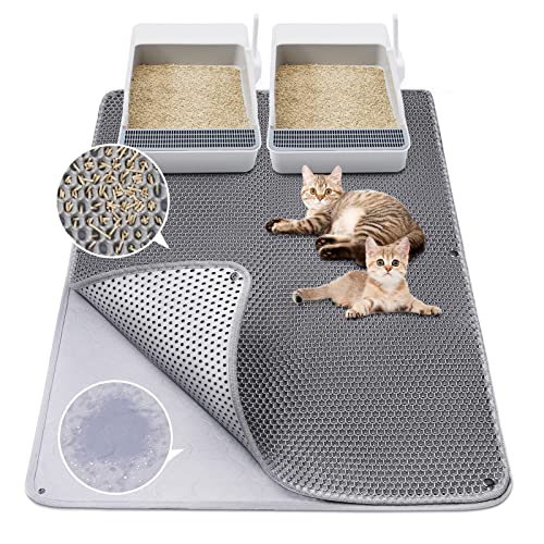 Cat Litter Mat, Fostanfly 45"x 27"Kitty Litter Trapping Mat, Washable Extra Large XL Honeycomb Double Scatter Control Layer Mat, Urine & Waterproof Litter Box Mat, Easy Clean Litter Mats for Floor