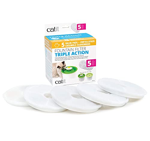 Catit Triple Action Water Fountain Filters, Replacement Cat Drinking Fountain Filters, 5 Pack