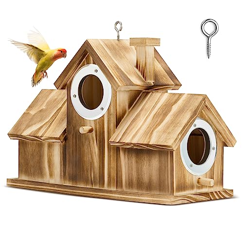 CEED4U Bird House,Bird Houses for Outside 3 Hole Wooden Natural Bird House Finch Bluebird Cardinals Handmade Hanging Birdhouse for Garden/Backyard/Courtyard (Brown)