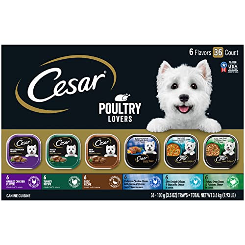 CESAR Adult Wet Dog Food Classic Loaf in Sauce Poultry Lovers Variety Pack, 3.5 oz. Easy Peel Trays with Real Chicken, Turkey or Duck, Pack of 36
