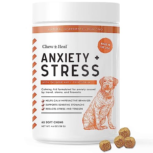 Chew + Heal Dog Calming Treats - 60 Soft Chews, Anxiety Supplement - Stress Relief Thiamine and L-Tryptophan for Travel, Storms, Fireworks - with Ginger and Melatonin - Made in The USA