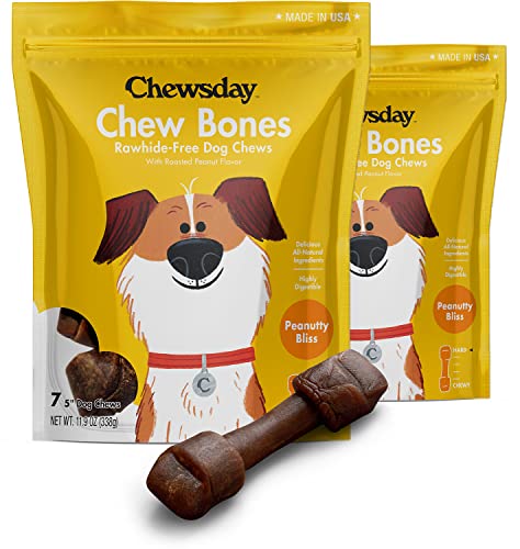 Chewsday 5-Inch Long-Lasting Dog Chew Bones, Made in The USA, All Natural Rawhide-Free Highly-Digestible Treats, Peanutty Bliss - 14 Count