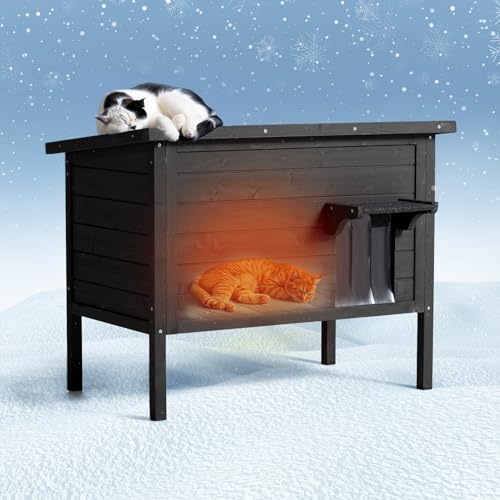 Ciokea Outdoor Cat House Weatherproof, Heated Feral Cat Enclosures with Insulated All-Round Foam Wooden Cat Condos for Winter Outside, PVC Door Flaps