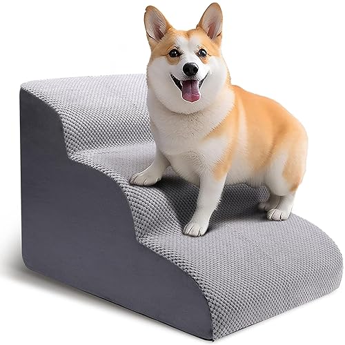 CiWiVOKi 3 Tier Dog Ramp for Couch, Non-Slip Pet Stairs, Extra Wide Deep Dog Steps, 15.7" High Sofa Foam Dog Stairs/Puppy Stairs/Dog Ladder - Best for Small Pets, Older Dogs, Cats with Joint Pain