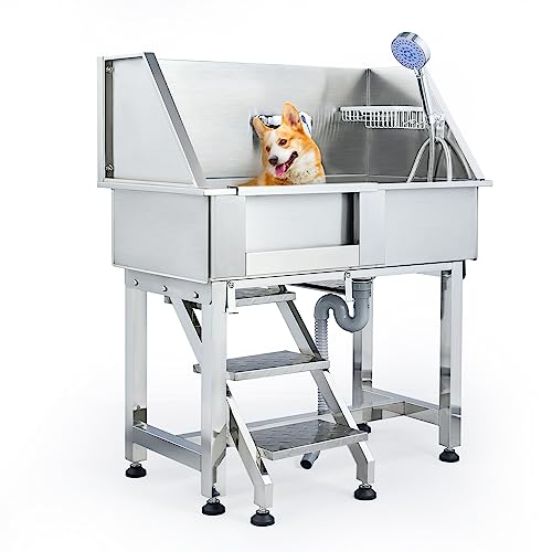 CO-Z 34 Inch Pet Dog Washing Grooming Station for Home, Professional Stainless Steel Dog Bathtub for Large & Medium Dogs, Extra Elevated Dog Shower Sink with Faucet, Non-Slip Steps, 176 lb. Capacity