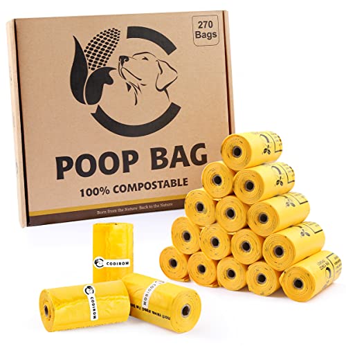 Codirom Certified Compostable Dog Poop Bags, 270 Count Eco Friendly and Leakproof Dog Waste Bags, Easy Open 100% Maize Yellow Poop Bag for Dog, 15 Doggy Bags Per Roll (18 rolls)