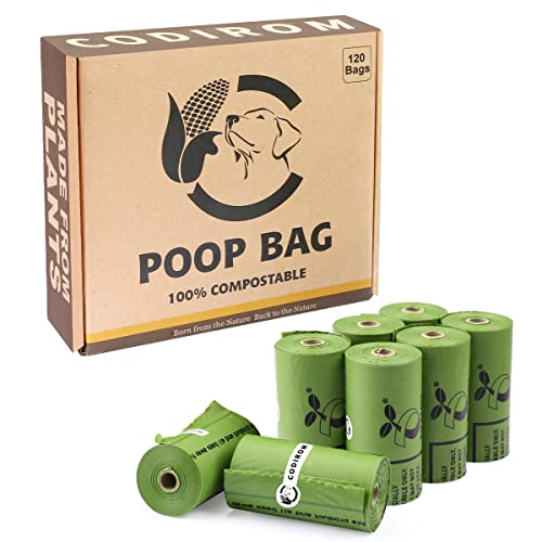 Codirom Certified Compostable Poop Bag, 120 Count Eco Friendly and Leakproof Dog Waste Bags, Easy Open 100% Compostable Forest Green Poop Bag for Dog, 15 Doggy Bags Per Roll (8 rolls)