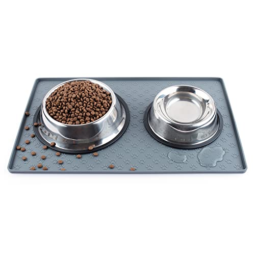 Coomazy Cat & Dog Food Mat, Sillicone Waterproof Pet Bowl Placement Tray to Stop Food Spills and Water Messes Out to Floor (M: 18.9x11.8in, Grey)