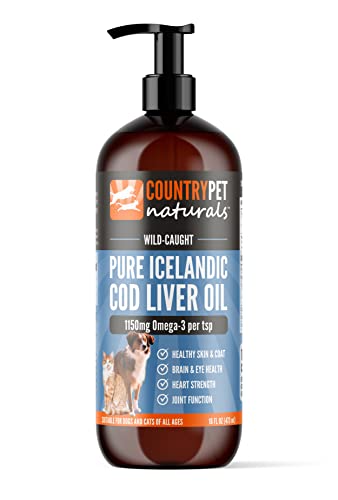 CountryPet Naturals Pure Icelandic Cod Liver Oil 16oz. 1150mg Omega3/tsp All-Natural Fish Oil Dog & Cat Supplement. Ultra Oil VitA&D fortified DHA,EPA for Healthy Coat, Skin & Joints. All Ages, Breeds