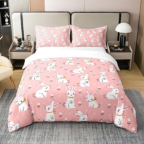 Cute Rabbit Bedding 100% Cotton Set Cartoon Bunny Pink Decor Duvet Cover 100% Cotton for Kids Boys Girls Lovely Little Floral Rabbit Botanical Animal Quilt Cover Room Decor 3Pcs Queen Size Zipper