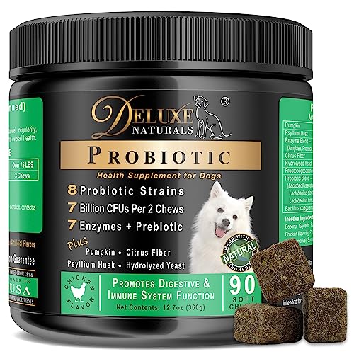 Deluxe Naturals Probiotics for Dogs | All-Natural Dog Probiotic Supplement with Enzymes, Prebiotics, Pumpkin | Promote Digestive Health, Improve Allergy & Immunity, 90 Count (Pack of 1)