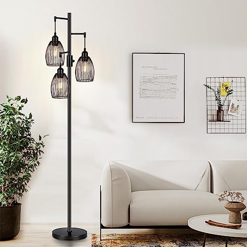 Dimmable Floor Lamp, 3 x 800LM LED Edison Bulbs Included, Farmhouse Industrial Floor Lamp Standing Tree Lamp with Elegant Teardrop Cage Tall Lamps for Living Room Bedroom Office Dining Room-Black