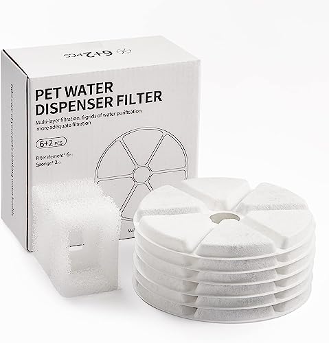 DiroPet 6 Pack Replacement Filters & 2 Pack Replacement Pre-Filter Sponges for 84Oz/2.5L Automatic Pet Fountain Cat Water Fountain