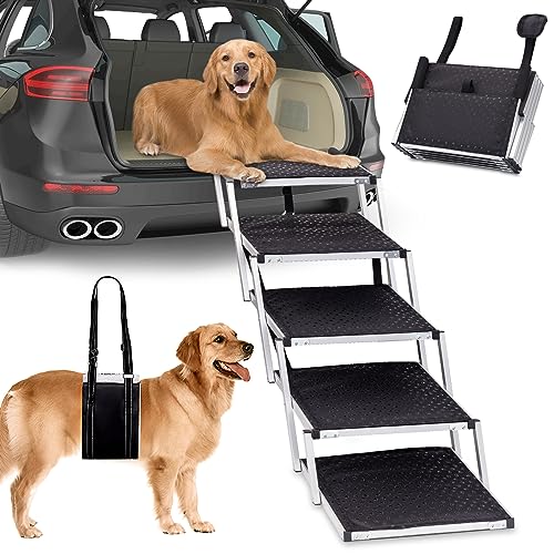 Dog Car Ramps for Large Dogs, WHDPETS Aluminum Dog Stairs Support up to 180lbs, Foldable Pet Ladder Ramp with Nonslip Surface for High Beds, Trucks, Cars and SUV, 5 Steps