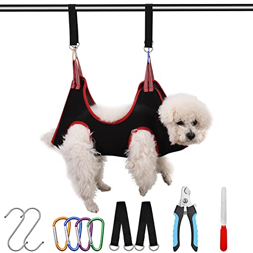 Dog Grooming Hammock Harness,Breathable Pet Cat Hammock Restraint Bag,with Dog Nail Clippers Trimmer Dog Nail File,Dog Grooming Sling Helper for Trimming Nail and Ear/Eye Care(S Size,8.5")