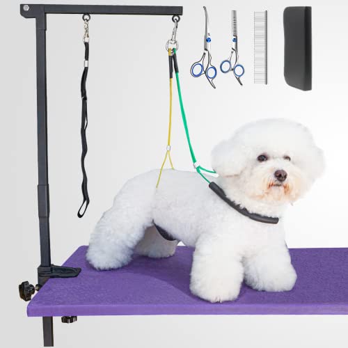 Dog Grooming Kit,Include Dog Grooming Arm with Clamp,1 Curved Scissor, 1 Thinning Scissor,1 Comb,1 Storage Case,2 No Sit Haunch Holders&Loop Noose,pet Grooming Table Arm for Small Dogs&Puppy
