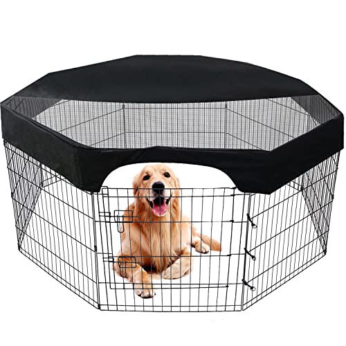 Dog Pen Cover, Large Top Cover for Pet Playpen Indoor Outdoor, Sun & Rain Proof Pet Fence Cover with Fabric & Mesh Netting for All 24" Wide 8 Panels Pet Exercise Pen, Easy to Assemble, Black