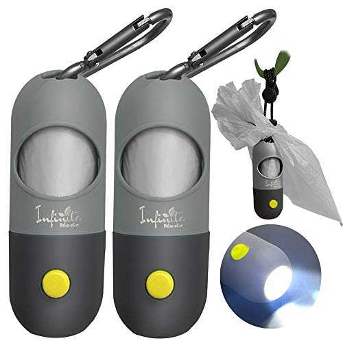 Dog Poop Bag Dispenser with Built-in LED Flashlight and Metal Clip for Leash, 2 PCS Pet Waste Bag Holder, Dog Walking Accessory, Black