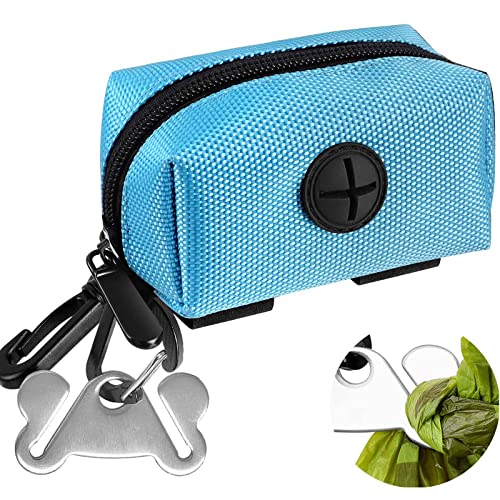 Dog Poop Bag Holder for Leash Attachment - Waste Bag Dispenser for Leash - Fits Any Dog Leash - Portable Set with 1 Hand Free Holder Metal Carrier - Durable,Blue