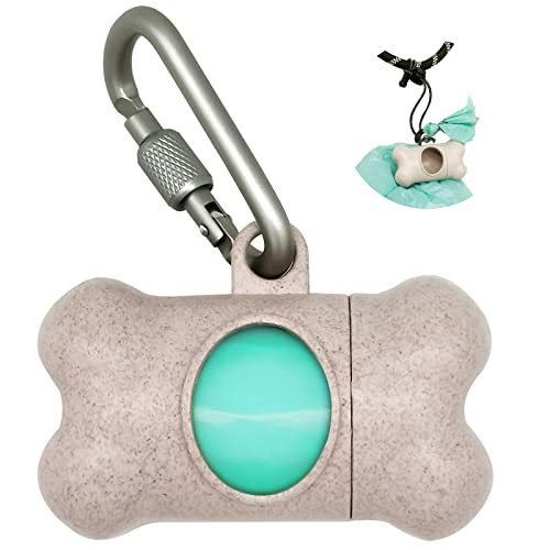 Dog Poop Pickup Bags Holder Dispenser with 1 Roll Random Color Leak-proof Scented Doggy Waste Bags and Carabiner with Safety Lock Plus Hook and Loop Fastener Never Loose on Leash Lead Again (Beige)