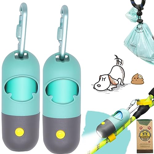 Dog Poop Waste Bags Holder with LED Flashlight|Cute Doggie Poo Bags Dispenser for Pet Leash|Trash Waste Bags Carrier with Potty Bags Clip Fastener LR44 Button Cells Included(2 Pack) (Crystal Blue)