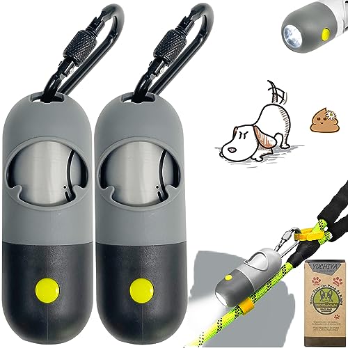 Dog Poop Waste Bags Holder with LED Flashlight|Cute Doggie Poo Bags Dispenser for Pet Leash|Trash Waste Bags Carrier with Potty Bags Clip Fastener LR44 Button Cells Included(2 Pack) (Grey)
