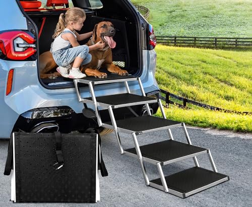 Dog Stair,Dog Ramps for Large Dogs SUV,Dog Ramp for Car,Dog Steps for Cars and SUV,Lightweight Aluminum Foldable Dog Ramp for High Beds, Trucks, Supports Up To150-200lbs,5 Steps