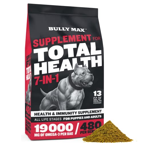Dog Vitamins Total Health Powder by Bully Max | Puppy and Adult Dog Omega 3 Supplement | 7 in 1 Health and Immunity Powder | Performance Series Muscle Builder for All Breeds | 13 Oz Bag