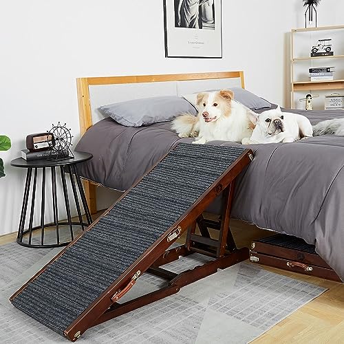 DOICAH Adjustable Dog Ramp, Wooden Folding Portable Pet Ramp,Rated for 175 LBS, 47.2" Long and Adjustable from 0" to 25" with Non-Slip Traction Mat,Large Breed Dog Staris for Car,Bed,Couch,Walnut