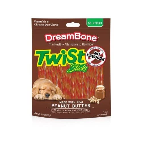 DreamBone Peanut Butter Twist Sticks, Rawhide Free Dog Chew Sticks, 50 Count (2 Pack)