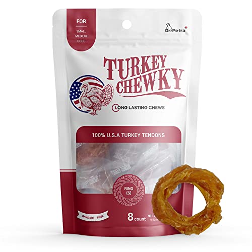 DR.PETRA Turkey CHEWKY, Turkey Tendon for Dogs, Rawhide Free Chews Long Lasting, Hypoallergenic Dog Treats, Natural Dog Snack (Ring(Small), 8 Count, 4.24 oz)