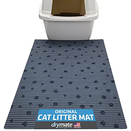 Drymate Original Cat Litter Mat, Contains Mess from Box for Cleaner Floors, Urine-Proof, Soft on Kitty Paws -Absorbent/Waterproof- Machine Washable, Durable (USA Made) (20”x28”)(GreyStripeBlackPaw)