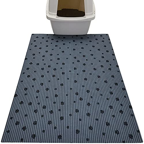 Drymate Original Cat Litter Mat, Contains Mess from Box for Cleaner Floors, Urine-Proof, Soft on Kitty Paws -Absorbent/Waterproof- Machine Washable, Durable (USA Made) (28”x36”)(GreyStripeBlackPaw)
