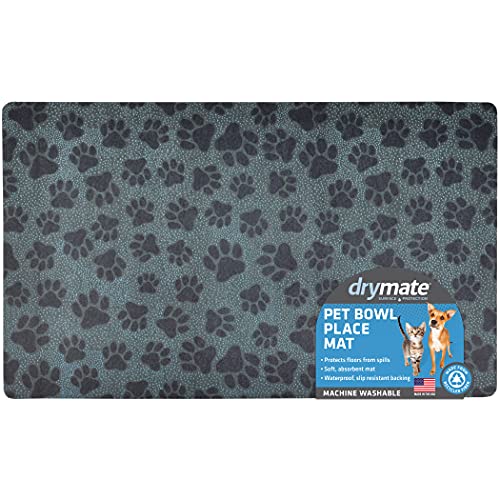 Drymate Pet Bowl Placemat, Dog & Cat Food Feeding Mat - Absorbent Fabric, Waterproof Backing, Slip-Resistant - Machine Washable/Durable (USA Made) (12” x 20”) (Paw Dots Black)