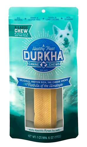 Durkha Yak Cheese Chews: Himalayan Yak Cheese Dog Chews- Natural, Healthy & Long Lasting Dog Treats - Grain, Gluten & Lactose-Free Rawhide Alternatives, For Dogs 65 lbs and Smaller, Single Extra Large