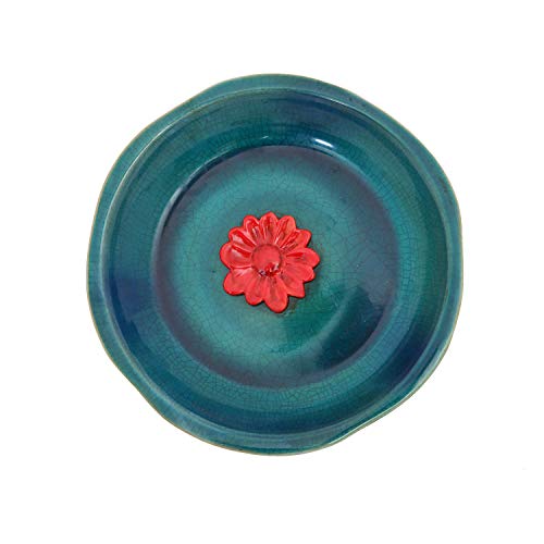DUSVALLY Vintage Birdbath Ceramic Bird Bath Bowl Decor for Bird Bee Bath for Outdoor Patio Garden Backyard Yard,Blue with Red Flower