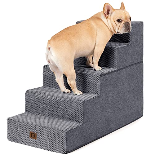 EHEYCIGA Dog Stairs for Small Dogs, 5-Step Dog Stairs for High Beds and Couch, Folding Pet Steps for Small Dogs and Cats, and High Bed Climbing, Non-Slip Balanced Dog Indoor Step, Grey, 3/4/5 Steps