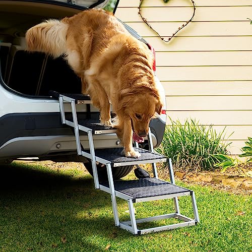 EHEYCIGA Foldable Dog Car Ramp for Large Dogs, Portable Dog Steps for SUV, Aluminum Dog Stairs with Non-Slip Surface for High Beds, Trucks and SUVs, 4 Steps