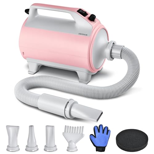 Entosun Dog Dryer, Pet Hair Dryer, 4.3hp/2800W Adjustable Speed and Temperature, High Velocity Dryer, Dog Blower Grooming Dryer with 4 Nozzles and Grooming Gloves (Pink)