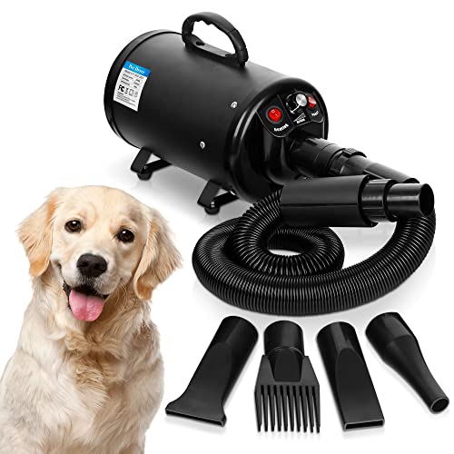 Epetlover Dog Hair Dryer 3.2HP/2400W Household Pet Grooming Blower, Speed-Adjustable Cat Dryer with Heater, 4 Different Nozzles, Black