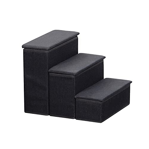 Etna 3-Step Pet Steps with Storage Fold Away Pet Stairs for Dogs Cats Fabric Upholstered Padded Tops - Black