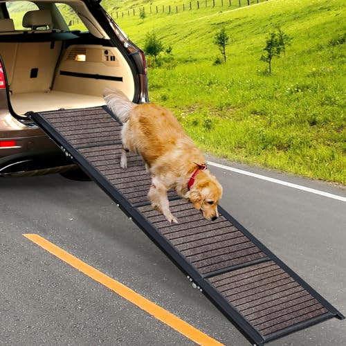 Extra Long 67" Wide 19.7" Dog Car Ramp, Outdoor Dog Ramp with Anti-Slip Surface for Dogs to Get Into a Car,SUV,Truck & Porch Steps, Folding Pet Stairs Ramp for Medium & Large Dog Up to 250 LBS, Coffee