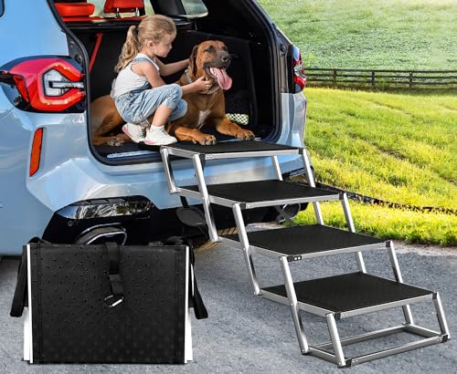 Extra Wide Dog Ramps for Large Dogs,Dog Car Ramp with Non-Slip Surface,Portable Aluminum Foldable Dog Steps,Lightweight Dog Stairs for Cars SUV, High Beds & Trucks, Supports up to 250 lbs, 4 Steps