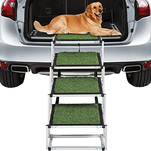 Extra Wide Dog Stairs for Large Dogs, Foldable Dog Steps, Aluminum Pet Ramps with Non Slip Artificial Grass Surface for Cars SUV, High Beds & Trucks, Supports up to 200 lbs