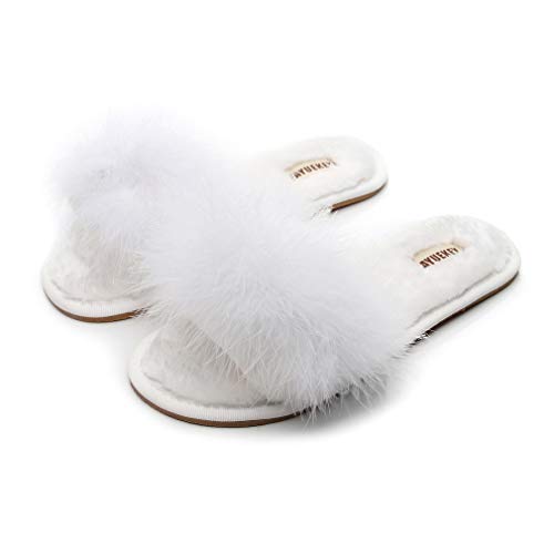 FAYUEKEY Real Fur Slippers for Women Summer Autumn Fluffy Furry Soft Plush Open Toe Slides Flats Shoes (10, White)