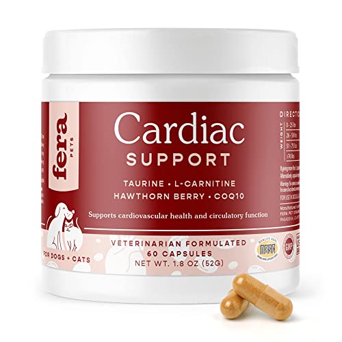 Fera Pets Cardiac Support Supplement for Dogs and Cats, Improves Blood Flow, Energy – with Taurine, CoQ10, Organic Hawthorn Berry, Supports Cardiovascular Heart Health – 60 Capsules