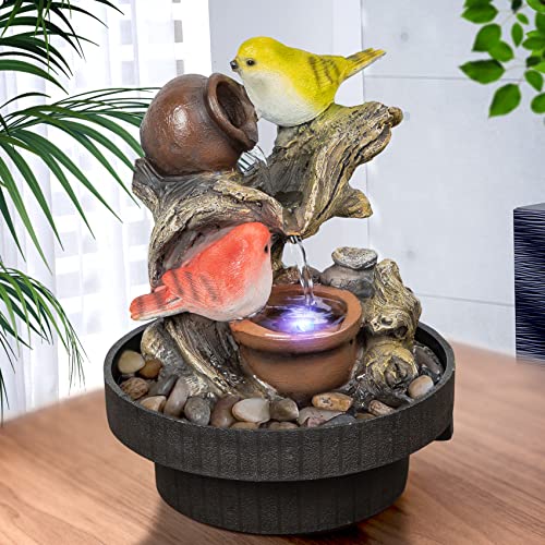 Ferrisland Tabletop Fountain Birds Waterfall Desktop Electric Water Fountain Decor w/LED - Indoor Outdoor Portable Tabletop Decorative Zen Meditation Waterfall Kit Includes Submersible Pump