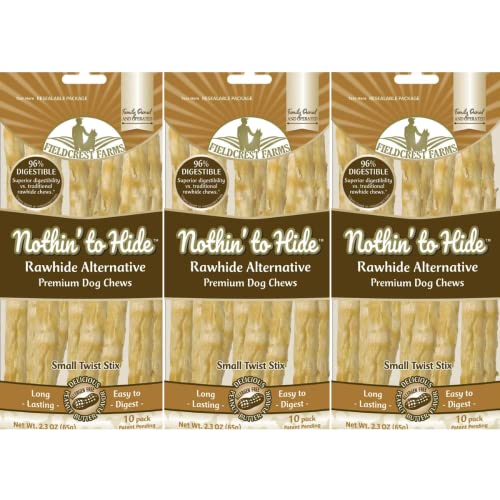 Fieldcrest Farms Nothing to Hide Natural Rawhide Alternative Twist Stix for Dogs - 3 Pack (30 Sticks) Premium Grade Easily Digestible Chews - Great for Dental Health (Peanut Butter, Small Stix)