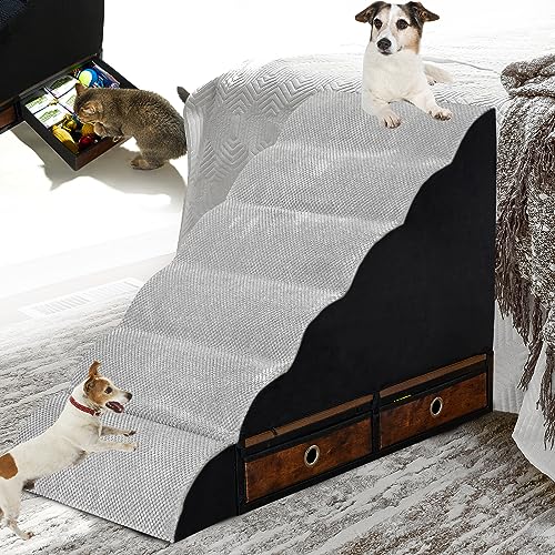 Foam 6 Tier Dog Stairs & Steps for High Beds Large Dogs, LitaiL 24.2 inch High Pet Steps/Stairs for Medium Dogs/Breeds High Beds/Bedsides up to 110 lbs with Anti-Slip Bottom Wooden Storage